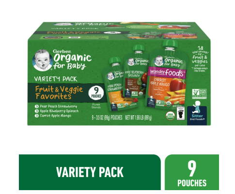 Gerber Stage 2 Baby Food, Organic Fruit and Veggie Puree Smoothie Variety Pack, 3.5 oz Pouches (9 Pack)