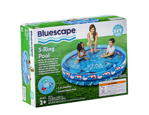 Bluescape Blue Shark 3-Ring Inflatable Swimming Pool for Kids, Round, Age 2 & up, Unisex