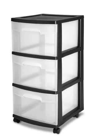 Sterilite Storage Drawer, 3 Drawer Slim Plastic Storage Cart with Clear Pull Out Drawers, Black