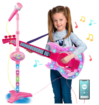 LINXUXIE Guitar and Microphone Play Set for Toddler, Adjustable Height Guitar Toys,Karaoke Machine Gift for Boys & Girls