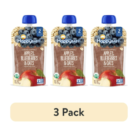 (3 pack) Happy Baby Organics, Stage 2 Organic Baby Food, Apples, Blueberries & Oats, 4oz Shelf Stable Pouch