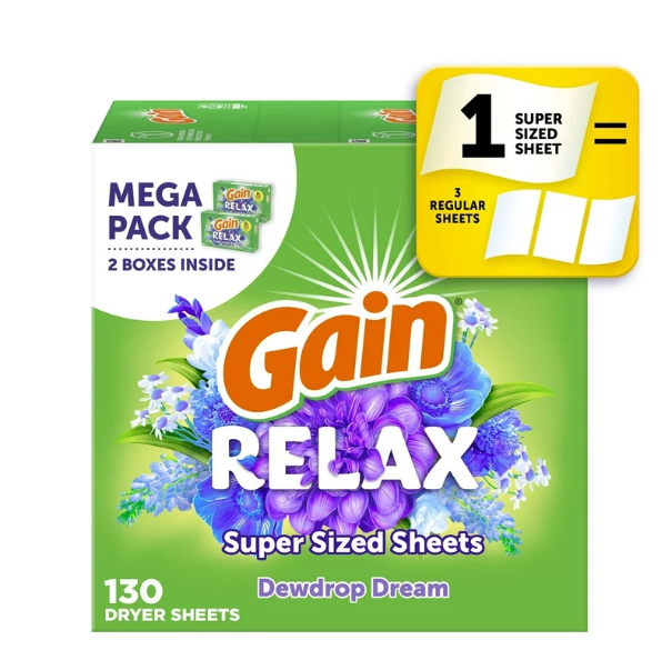 Gain Super Sized Dryer Sheets, Relax, Dewdrop Dream Scent, 130 Count