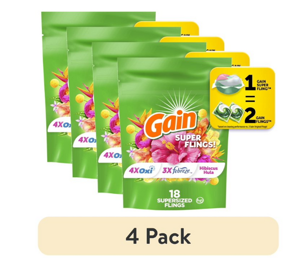 (4 pack) Gain Happy Super-Sized Flings Laundry Detergent Packs, Hibiscus Hula Scent, 18 Count