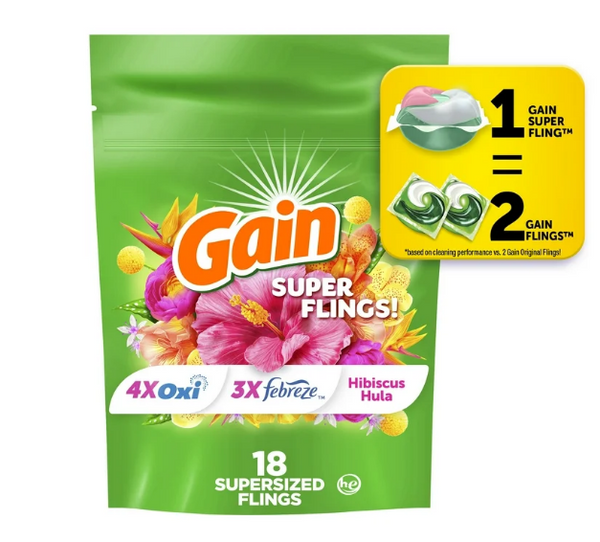 Gain Happy Super-Sized Flings Laundry Detergent Packs, Hibiscus Hula Scent, 18 Count