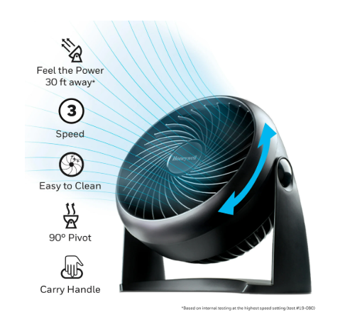 Honeywell 10” Black Turbo Force Power Table Fan, 30ft. Air Circulation Power, 3 Speed, 90° Pivot, HPF820BWM