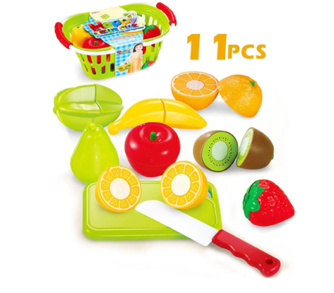 Play Food Set Multicolor Mundo Toys 11 Pcs Plastic Cutting Fruits Vegetables w/Basket